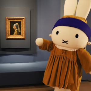 「フェルメール《真珠の耳飾りの少女》展 17世紀オランダ絵画の名品、奇跡の再来日」の内覧会にミッフイー登場